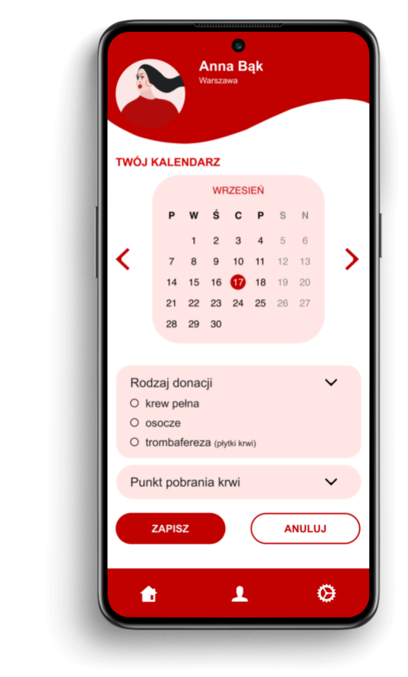 Blood Donor App historical data entry view for recording donation data with date and type selection