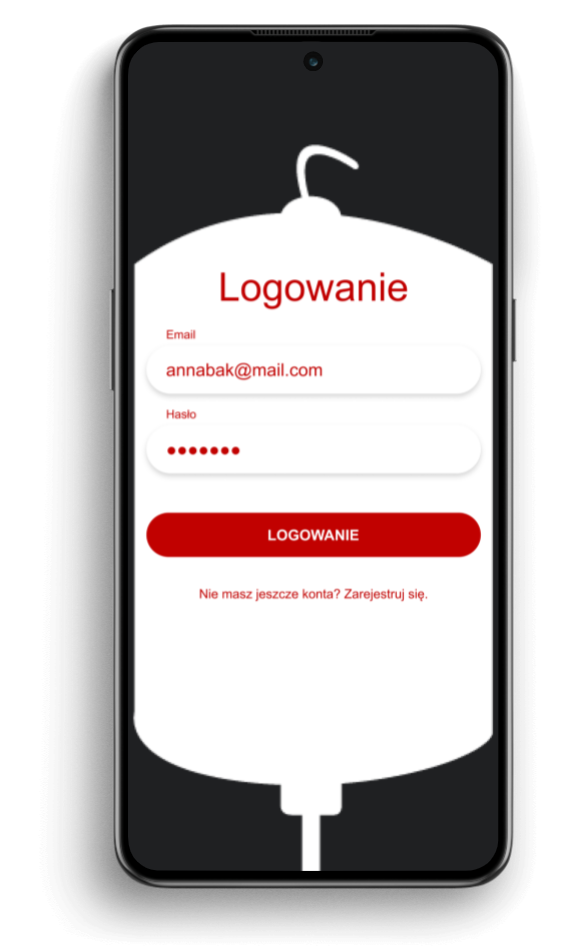Blood Donor App login screen with email and password fields and password recovery option